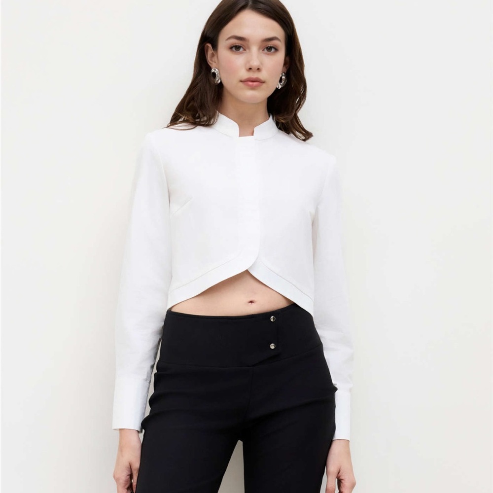 Cider White Asymmetrical Crop Button Down Shirt